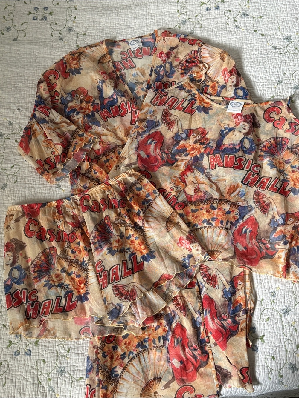 Vintage Claudel 3 Piece Casino Music Hall Pajama Set Pin Up Print